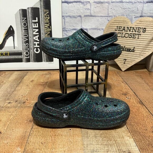 Crocs Classic Lined Glitter Clogs Fuzzy Slippers Size Men’s 7 Womens 9 - Picture 3 of 9
